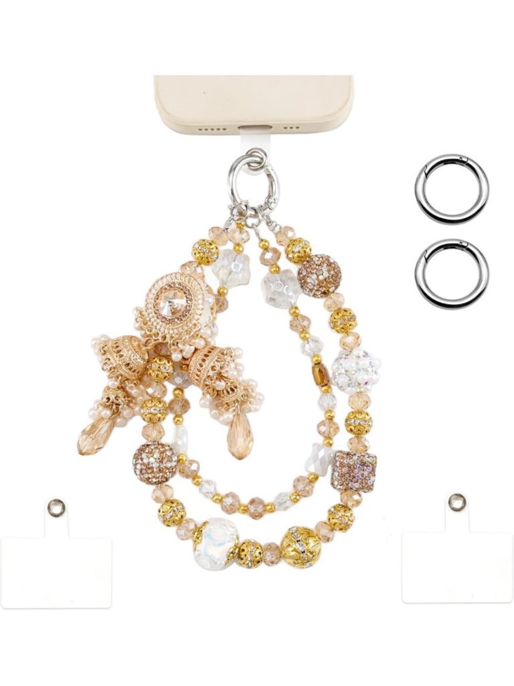 Elegant Jeweled Phone Charm Strap - Black & Gold Wrist Accessory for Phones